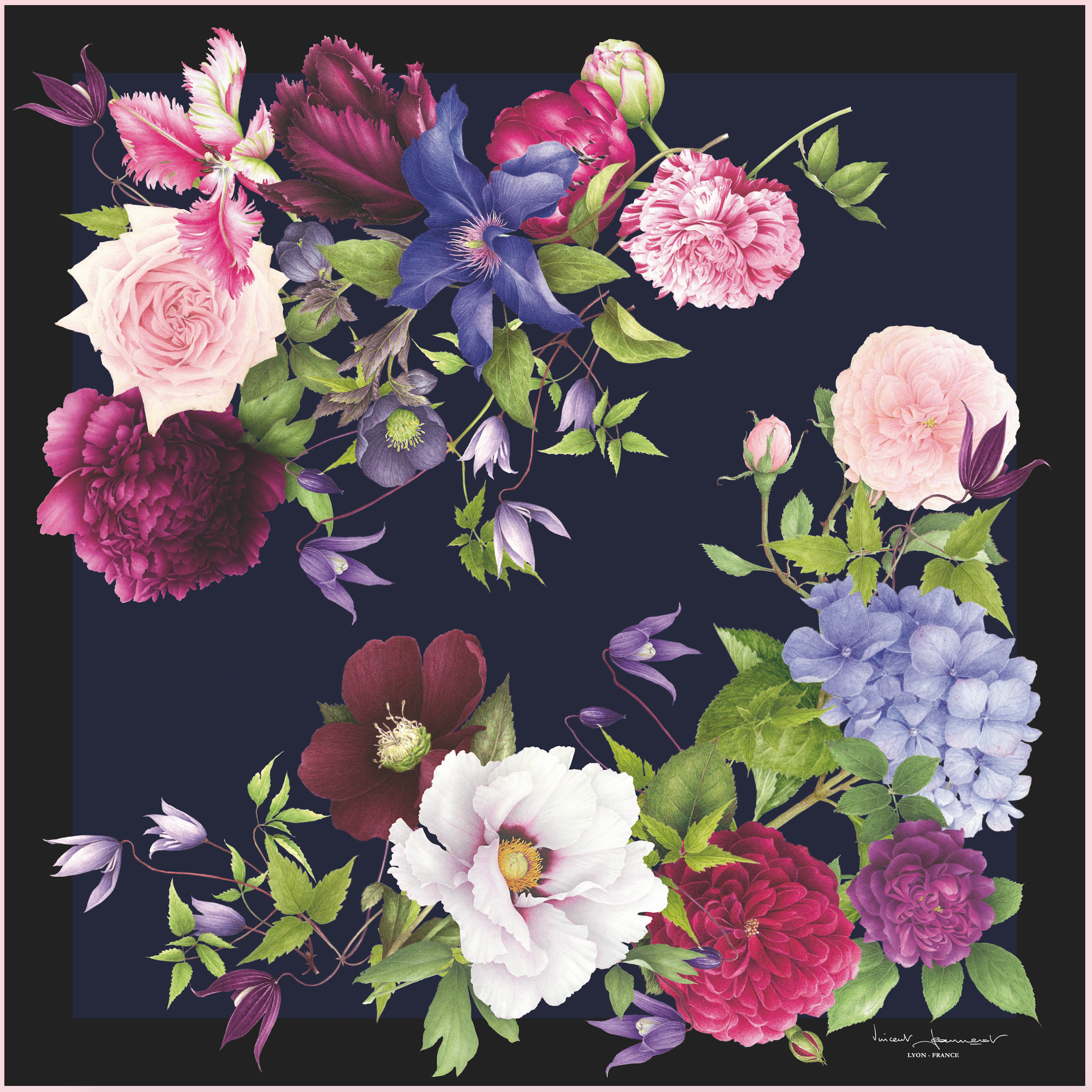 Carré de soie "Parterre" marine & noir